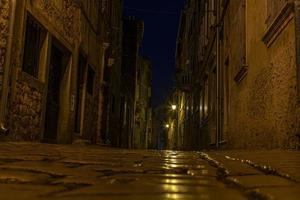 scène d'une rue pavée dans le centre historique de rovinj en croatie pendant la nuit photo