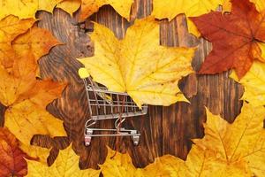 fond de feuilles d'automne avec panier d'achat. concept de remise et de vente d'automne photo