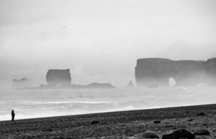 photo noir et blanc de personne debout au bord de la mer