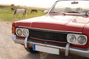 vieux cabriolet rouge sur fond de chevaux dans les pâturages. photo