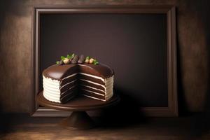 Gâteau 3 couches à la crème de truffe au chocolat sur une table en bois, espace vide vide photo