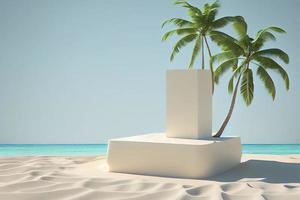 fond tropical d'été, podium sur la plage de sable sur fond de mer photo