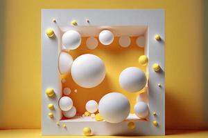 arrière-plan abstrait d'été avec une maquette lumineuse carrée au milieu et des boules jaunes volant autour du rendu 3d photo