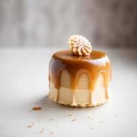 gâteau au caramel sur fond de bois blanc générative ai photo