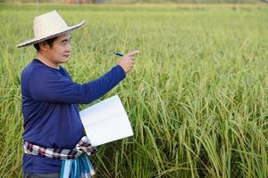 un agriculteur asiatique est à la rizière, porte un chapeau, une chemise bleue, tient du papier pour ordinateur portable, inspecte la croissance et la maladie des plantes. concept, recherche agricole et étude pour développer les cultures. photo