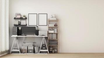 lieu de travail moderne avec table de travail moderne confortable et ordinateur avec chaise de travail et grande fenêtre. sur mur blanc et parquet. rendu 3d photo