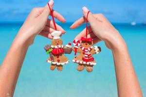 biscuits de pain d'épice de noël dans les mains contre la mer turquoise photo