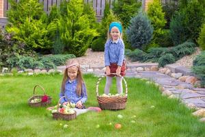 deux petites filles heureuses avec une grande récolte d'automne de tomates dans des paniers photo