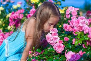 petite fille adorable sentant des fleurs colorées au jour d'été photo