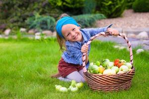 portrait de petite fille avec récolte d'automne de tomates dans des paniers photo