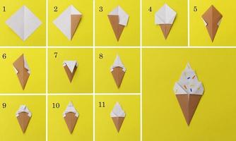 instruction photo étape par étape comment faire une grosse glace en origami. bricolage simple avec le concept des enfants pour enfants. collage de la photo des étapes.