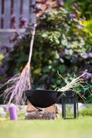 vue sur les citrouilles d'halloween, le chapeau de sorcière et le râteau en plein air photo