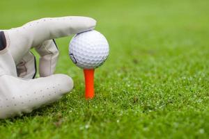main plaçant une balle de golf sur un tee sur un magnifique parcours de golf avec de l'herbe verte