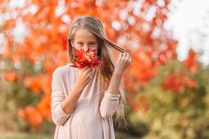 portrait d'une adorable petite fille au bouquet de feuilles jaunes à l'automne photo