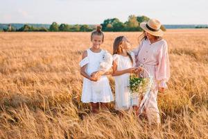 famille heureuse jouant dans un champ de blé photo