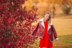 portrait d'une adorable petite fille au bouquet de feuilles jaunes à l'automne photo