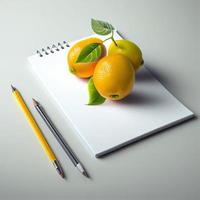 fruit orange avec papier et crayon dans un tableau blanc. photo