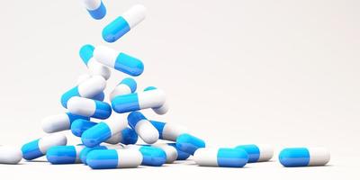capsules de pilules de médecine tombant avec un fond blanc., fond d'illustration 3d médical et de soins de santé photo