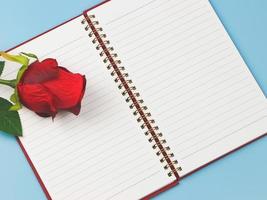 cahier ou journal ouvert avec rose rouge sur fond bleu. notion de saint valentin. photo