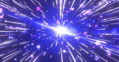 étoiles volantes bleues abstraites brillantes dans l'espace avec des particules et des lignes d'énergie magiques dans un tunnel dans un espace ouvert avec des rayons de soleil. fond abstrait photo