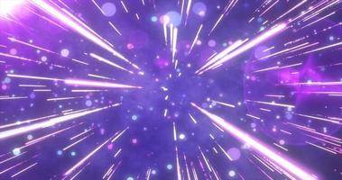 étoiles volantes violettes abstraites brillantes dans l'espace avec des particules et des lignes d'énergie magiques dans un tunnel dans un espace ouvert avec des rayons de soleil. fond abstrait photo