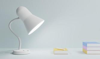 bureau de bureau ou livre de lecture rendu 3d d'un modèle avec une lampe blanche avec une lumière blanche sur la table pour lire ou travailler dans une chambre ou un bureau, style minimaliste, concept de retour à l'école ou lire pour les examens photo