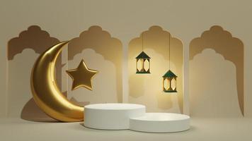 rendu 3d du podium du ramadan kareem pour la publicité de produits lors de la célébration musulmane. lanterne islamique avec lune et étoile dorées. double socle pour bijoux photo
