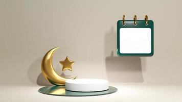 maquette de publicité musulmane de rendu 3d avec podium blanc et lune dorée avec étoile. bloc-notes de calendrier vert avec du papier blanc sur le presse-papiers. piédestal arabe moubarak photo