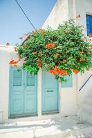 maisons traditionnelles aux portes bleues dans les rues étroites de mykonos, grèce. photo
