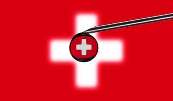 seringue de vaccin avec goutte sur l'aiguille sur fond de drapeau national de la suisse. vaccination de concept médical. protection contre la pandémie de coronavirus sras-cov-2. idée de sécurité nationale. photo