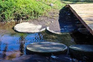 photo portrait d'une passerelle en bois pour traverser les flaques d'eau