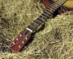 une vieille guitare allongée dans une botte de foin photo