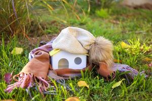 un bonnet de laine est posé sur le toit de la maison. le concept de chauffage alternatif. photo