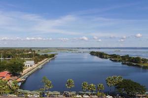 nong han sakon nakhon point de vue grand angle. arbres verts frais sur les rives de la rivière et ciel clair. pistes cyclables sur le fleuve et jetée touristique. photo