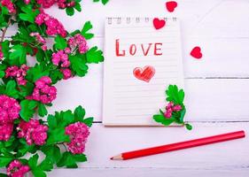 cahier papier avec lettre d'amour et coeur rouge photo