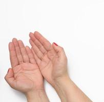 Deux mains féminines avec des ongles peints en rouge dans une pose de prière sur fond blanc photo