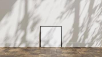maquette d'affiche de cadre sur un plancher en bois avec un mur blanc et une superposition d'ombre de lumière du soleil photo
