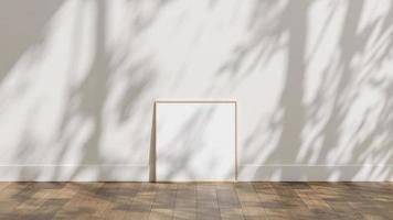 maquette d'affiche de cadre sur un plancher en bois avec un mur blanc et une superposition d'ombre de lumière du soleil photo