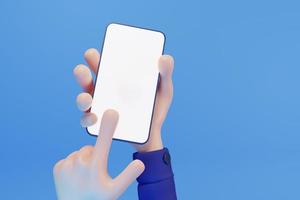 Main de dessin animé 3d tenant un smartphone avec comme foyer isolé sur fond bleu, main utilisant une maquette de téléphone portable. illustration de rendu 3d photo