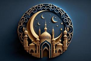 Illustration 3d d'une mosquée avec lune dorée et fond bleu ornement étoile. photo