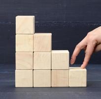 une pile de cubes en bois 6 les doigts de la personne montent les marches. concept de croissance d'entreprise, réalisation d'objectifs, auto-éducation photo