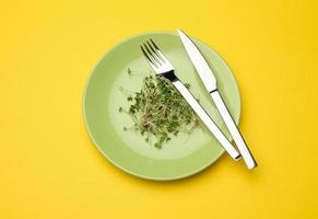 pousses vertes de chia, roquette et moutarde dans une assiette ronde verte, vue de dessus. un aliment sain photo