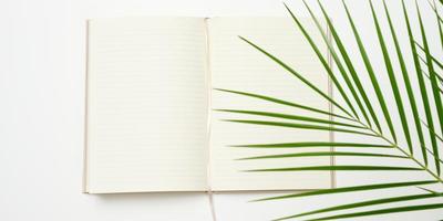 cahier ouvert avec des feuilles blanches vierges sur fond blanc photo