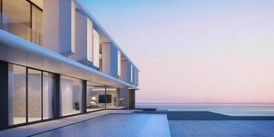 architecture moderne avec piscine et vue sur la mer au coucher du soleil rendu 3d photo