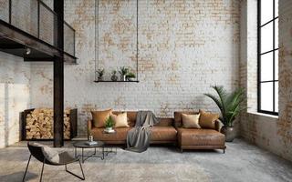 intérieur de salon loft industriel avec canapé, chaise et mur de briques rendu 3d photo