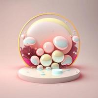 podium de pâques rose brillant pour l'affichage du produit avec décoration d'oeuf de rendu 3d photo