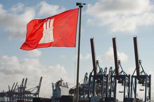 drapeau de la ville de hambourg sur fond de grues portuaires photo