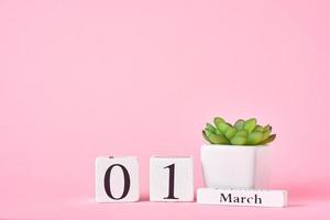 calendrier en bois avec date du 1er mars et plante sur fond rose photo