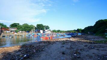 littoral sale beaucoup de déchets et de branches d'arbres, plage de sable, bateau, lumière du soleil photo