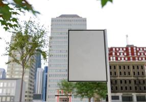 Panneau d'affichage vierge de maquette 3d sur la rue dans le rendu du centre-ville photo